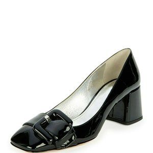 PRADA Luxury Leather Patent Block-Heel Buckle Pump - Black - 38.5 (EUR) - EUC